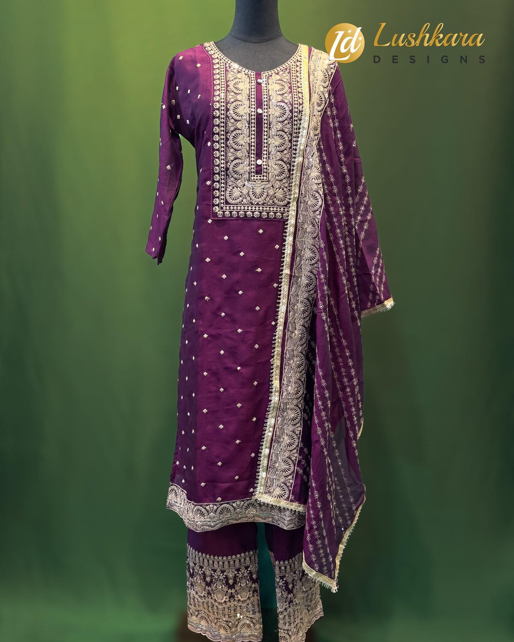 Lushkara Deep Plum Embroidered Straight-Cut Suit Set