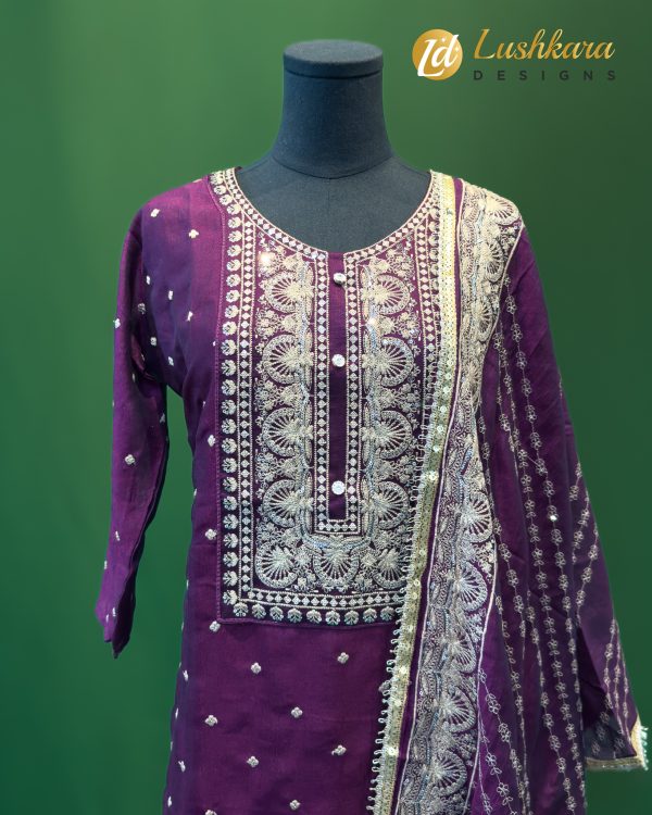 Lushkara Deep Plum Embroidered Straight-Cut Suit Set - Image 2