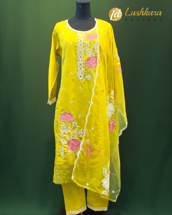 Lushkara Yellow & Pink Floral Embroidered Suit Set