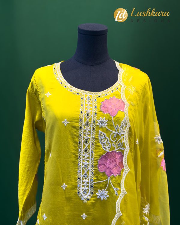 Lushkara Yellow & Pink Floral Embroidered Suit Set - Image 2