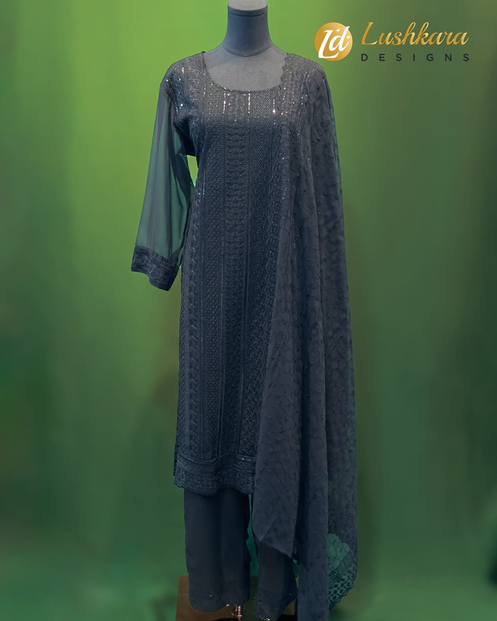 Lushkara Midnight Black Embroidered Straight Suit Set