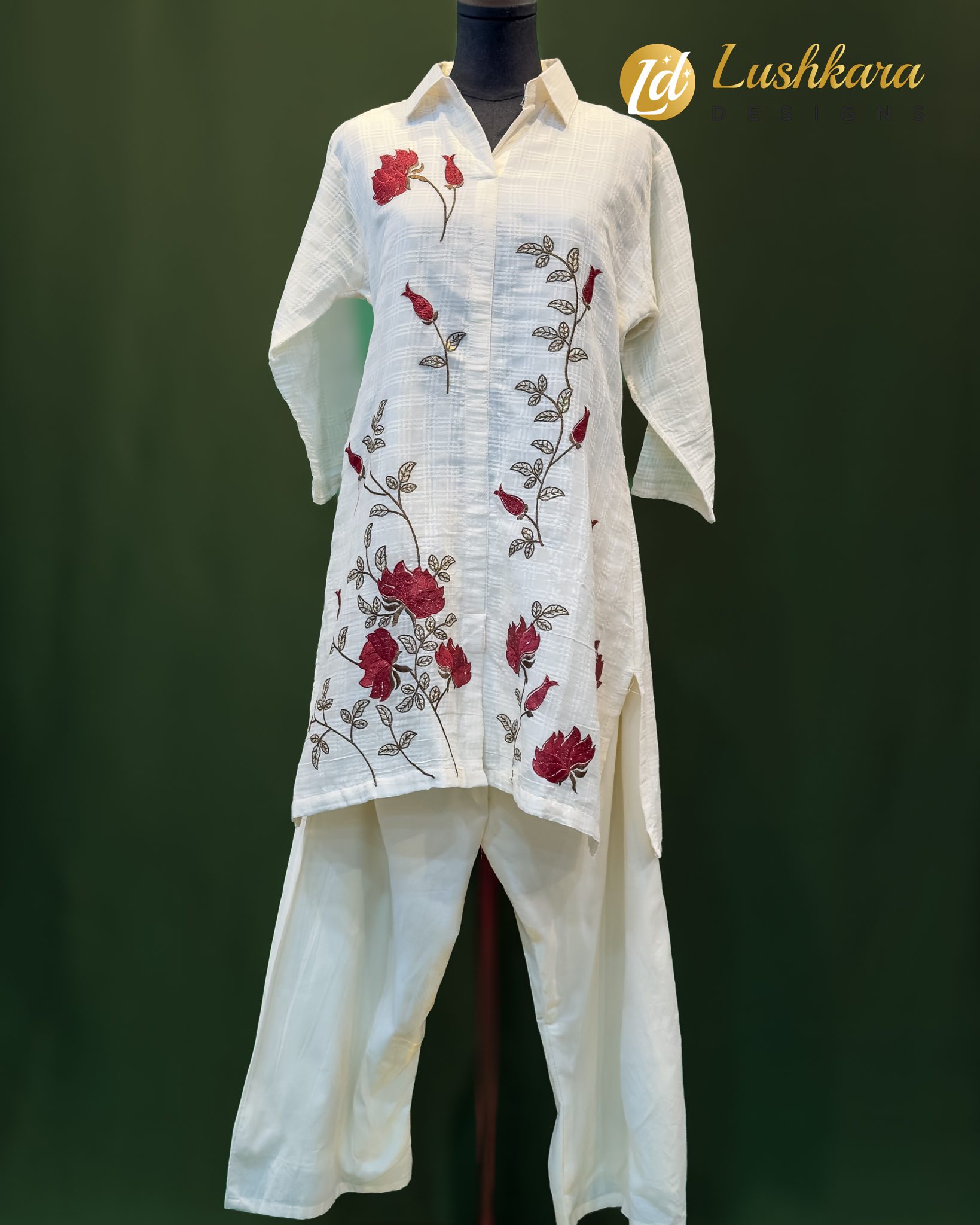 Lushkara White Collared Floral Kurti Set