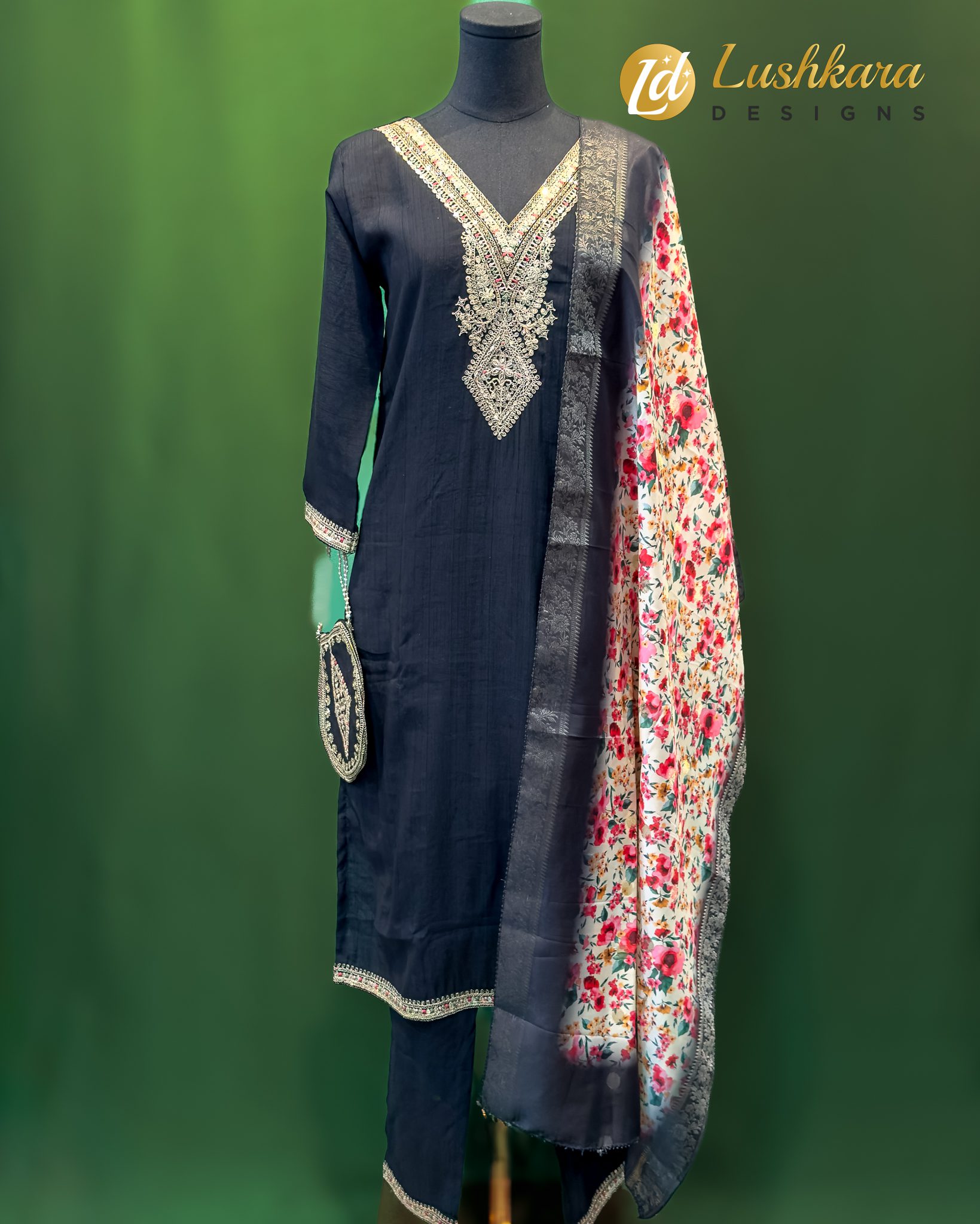 Lushkara Midnight Black Floral Dupatta Suit Set comes with Matching Potli bag