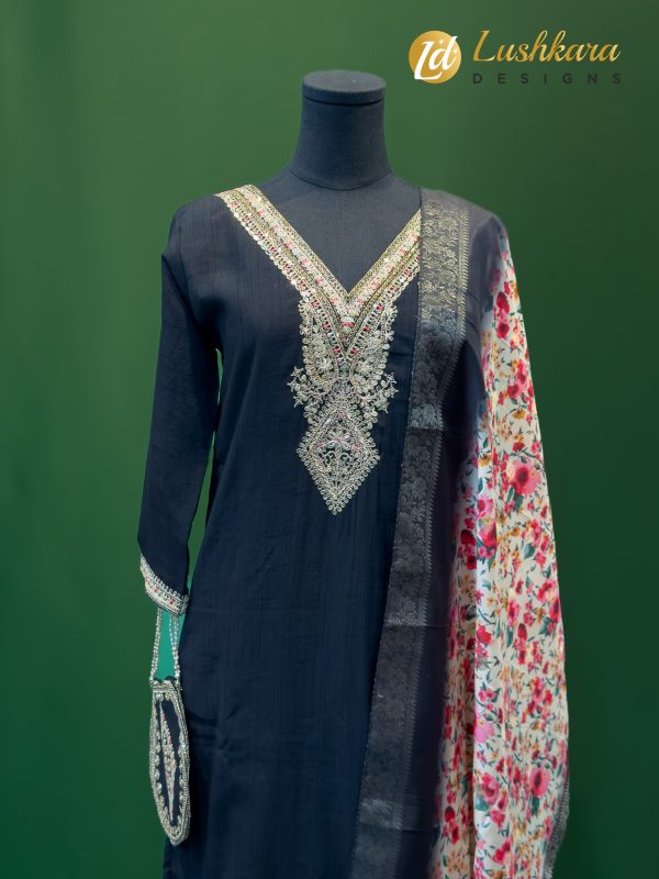 Lushkara Midnight Black Floral Dupatta Suit Set comes with Matching Potli bag - Image 2