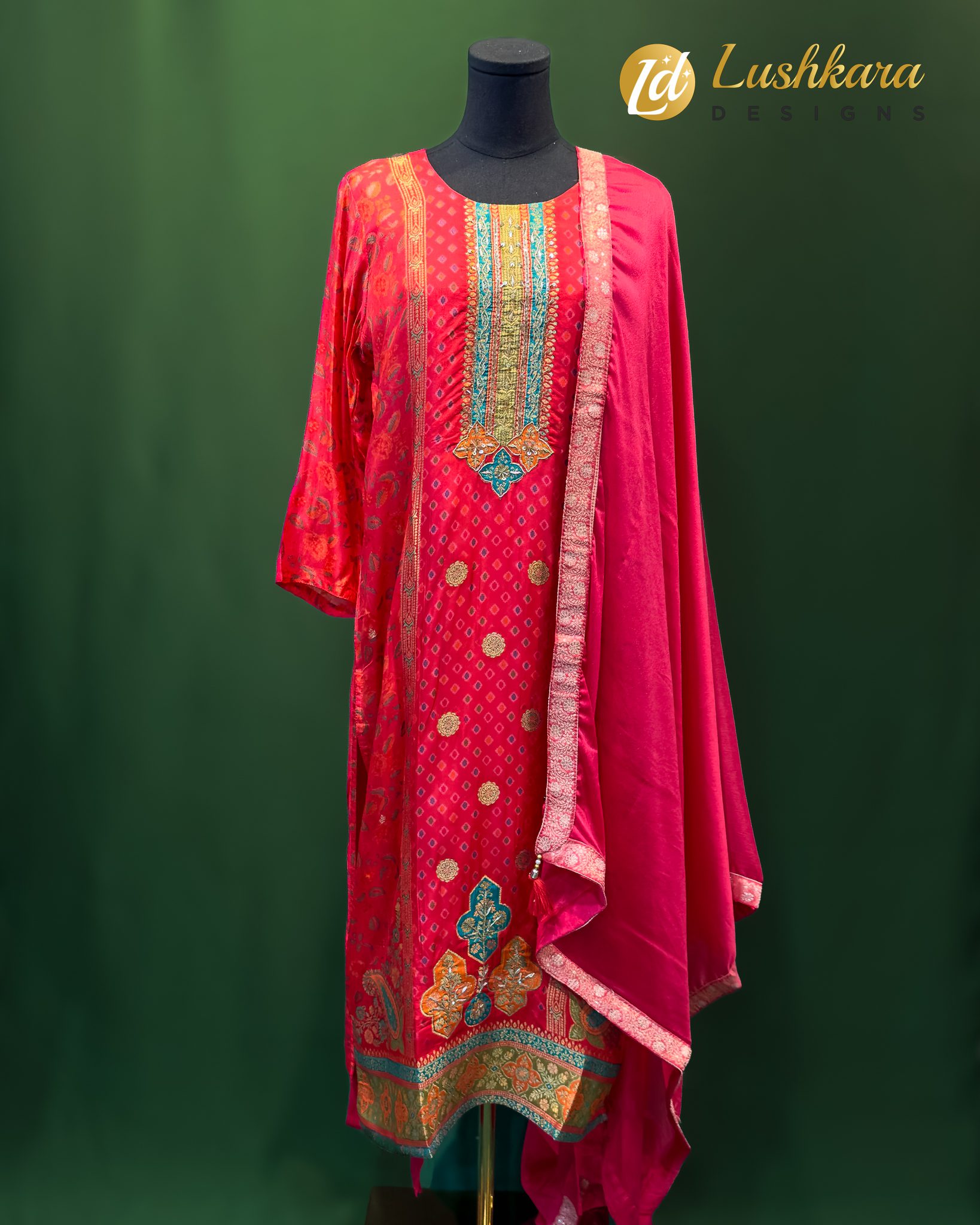 Lushkara Red Multicolor Embroidered Salwar Kameez Set