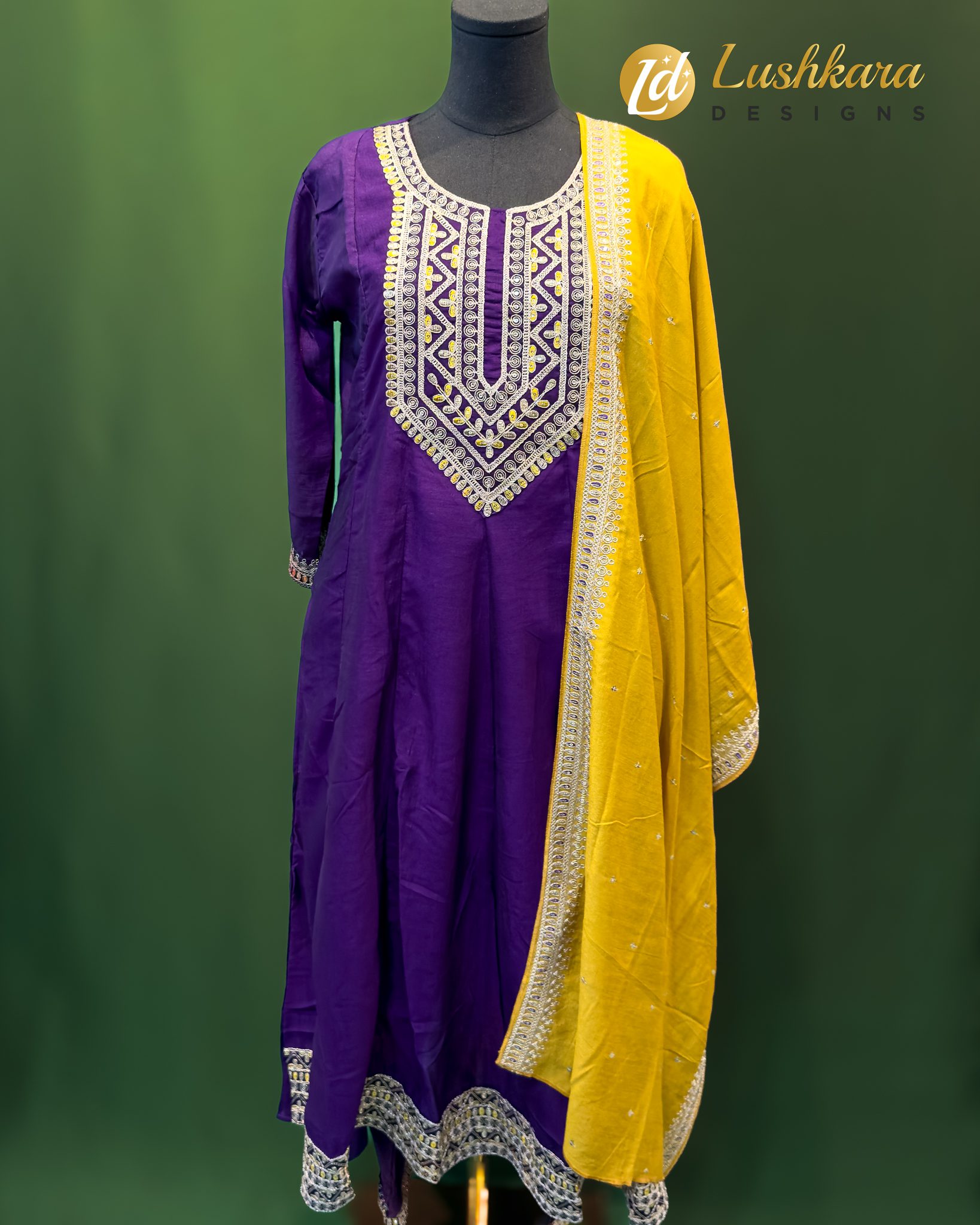 Lushkara Purple & Yellow Mirror Work Suit