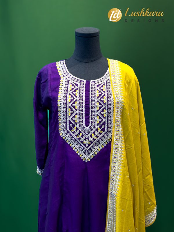 Lushkara Purple & Yellow Mirror Work Suit - Image 2