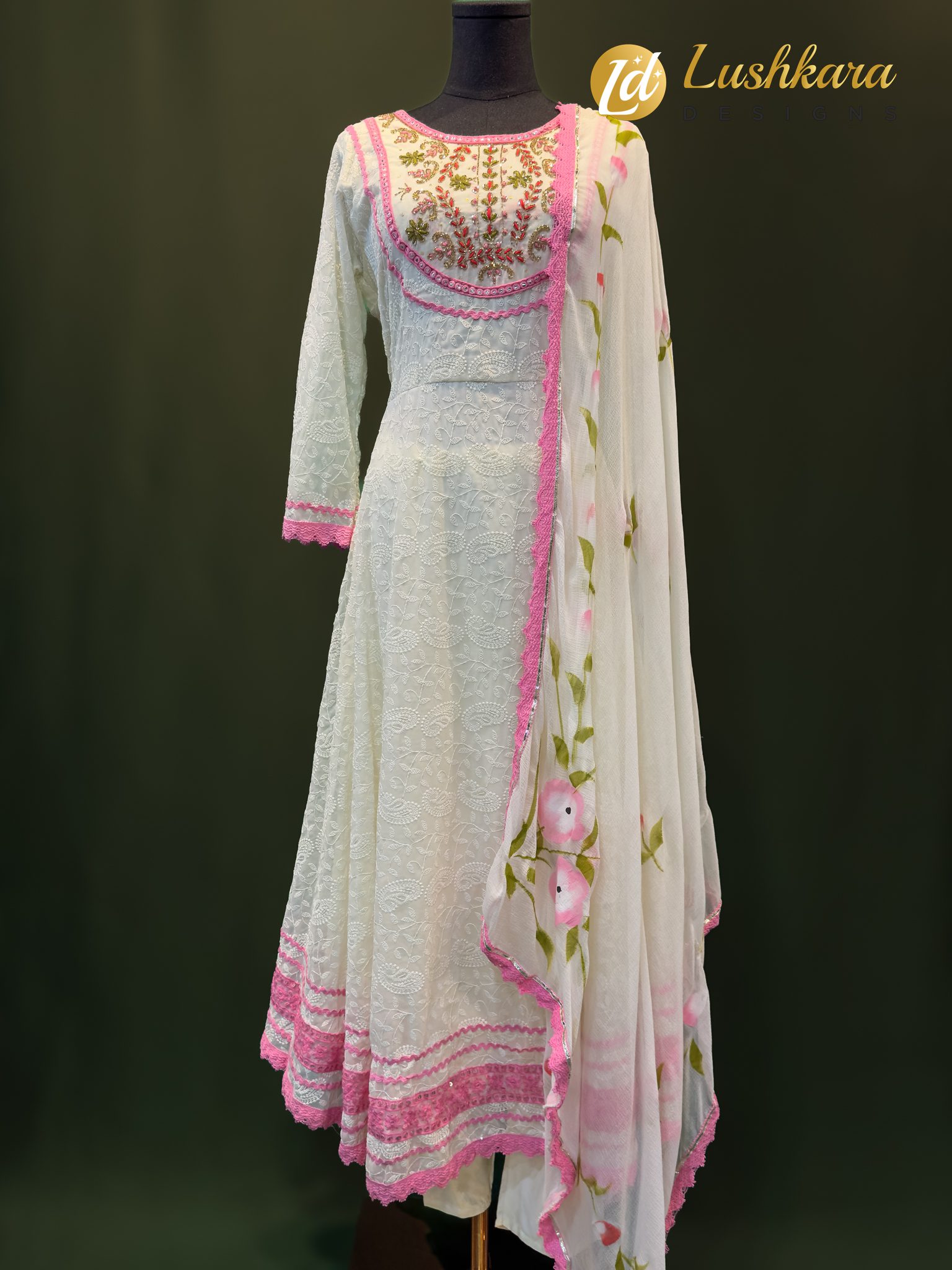Lushkara White & Pink Floral Anarkali Set