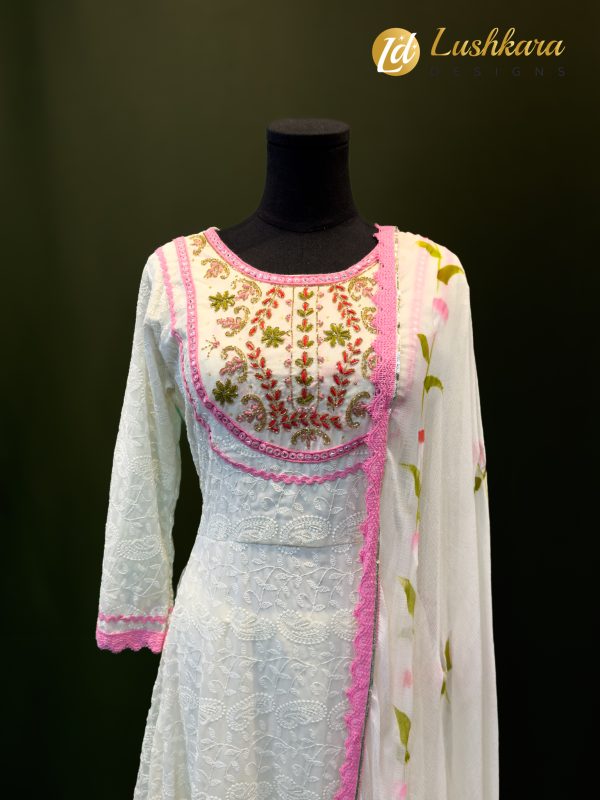 Lushkara White & Pink Floral Anarkali Set - Image 2