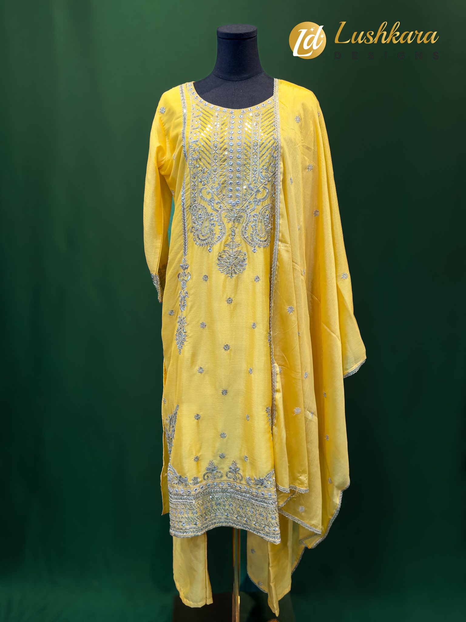 Lushkara Yellow Mirror Embroidered Salwar Kameez Set