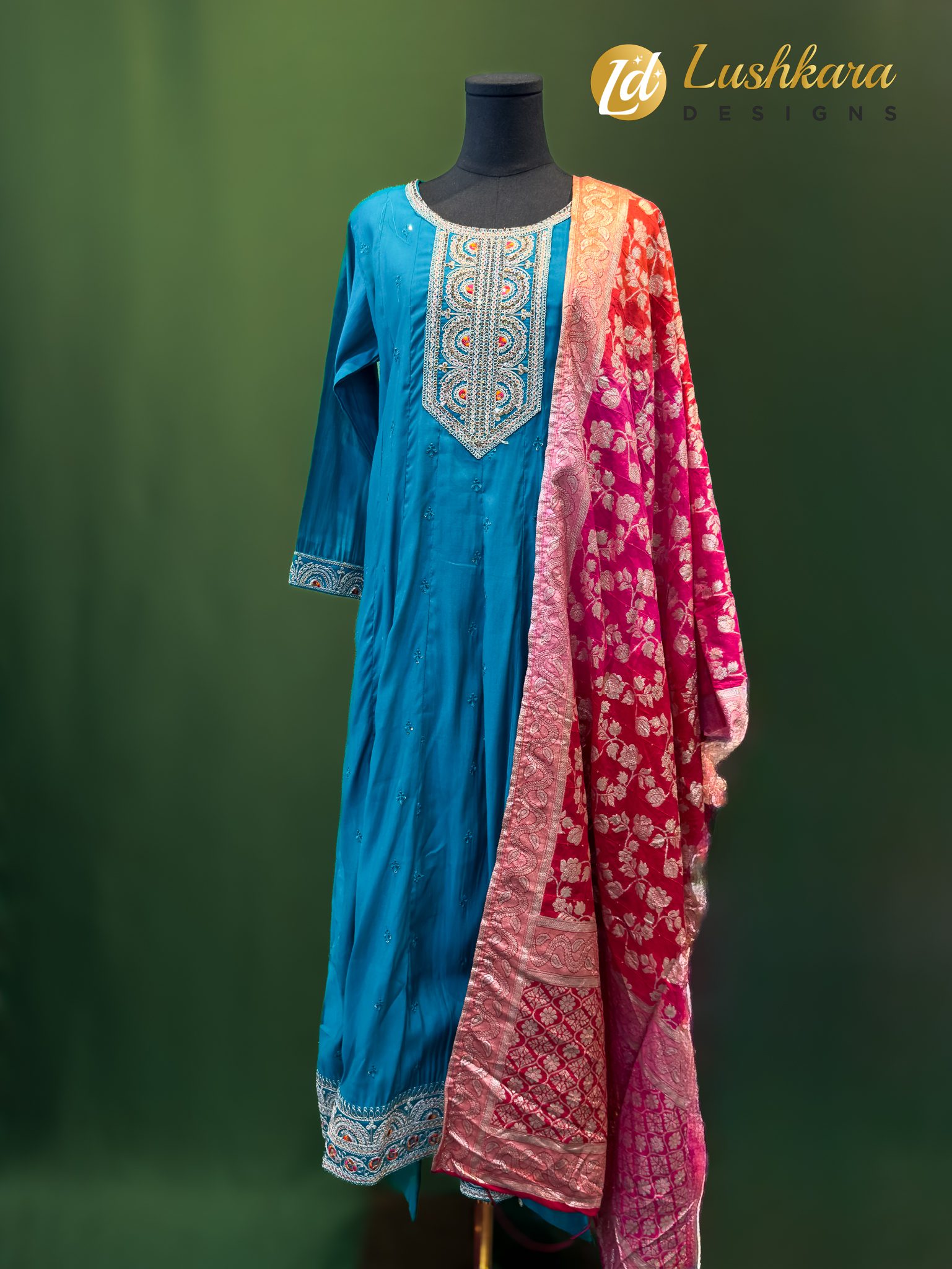 Lushkara Teal & Pink Banarasi Salwar Kameez Set