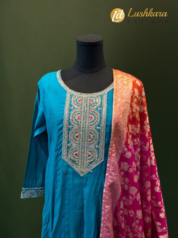 Lushkara Teal & Pink Banarasi Salwar Kameez Set - Image 2