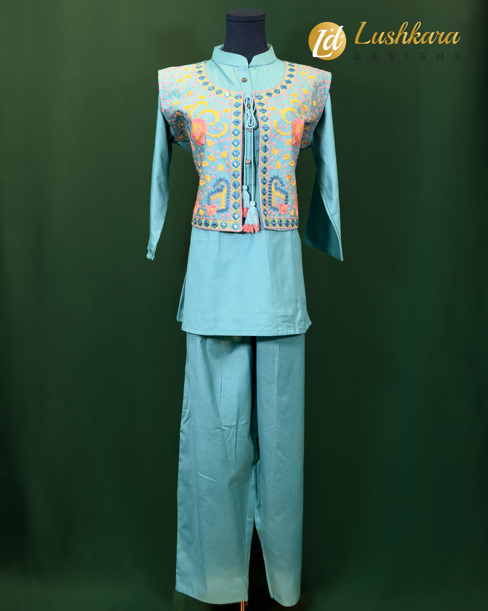 Lushkara Teal Kurta Set with Embroidered Jacket