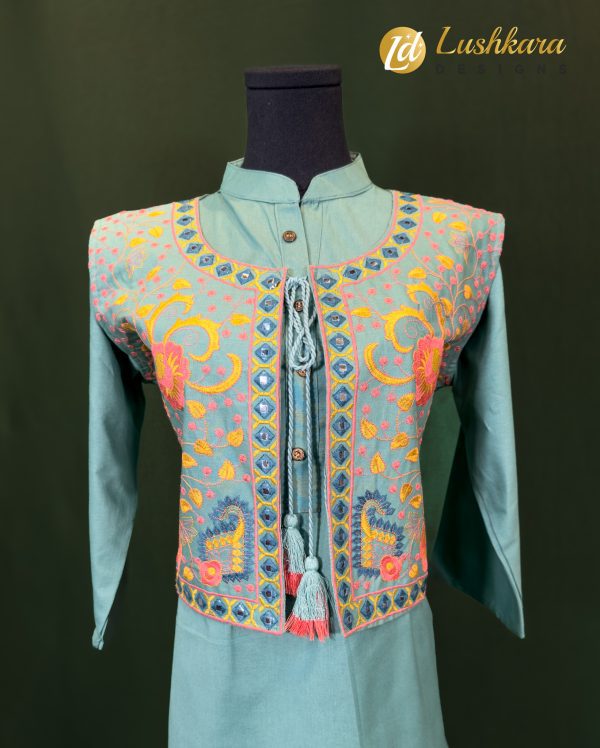 Lushkara Teal Kurta Set with Embroidered Jacket - Image 2