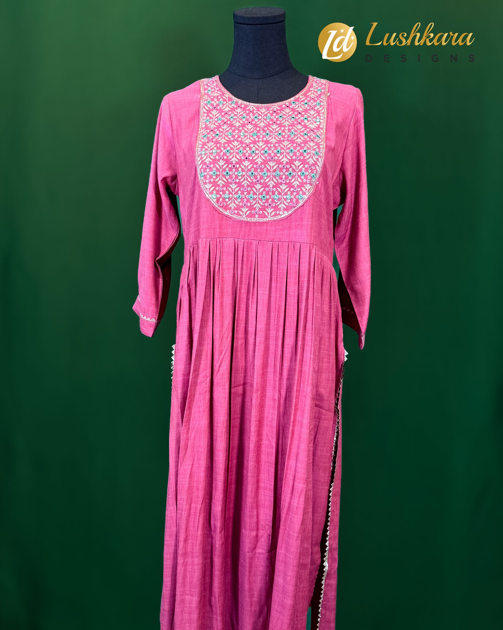 Lushkara Dusty Rose Embroidered Cotton Kurti Set