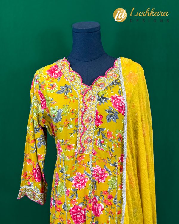 Lushkara Mustard Floral Mirror Salwar kameez - Image 2