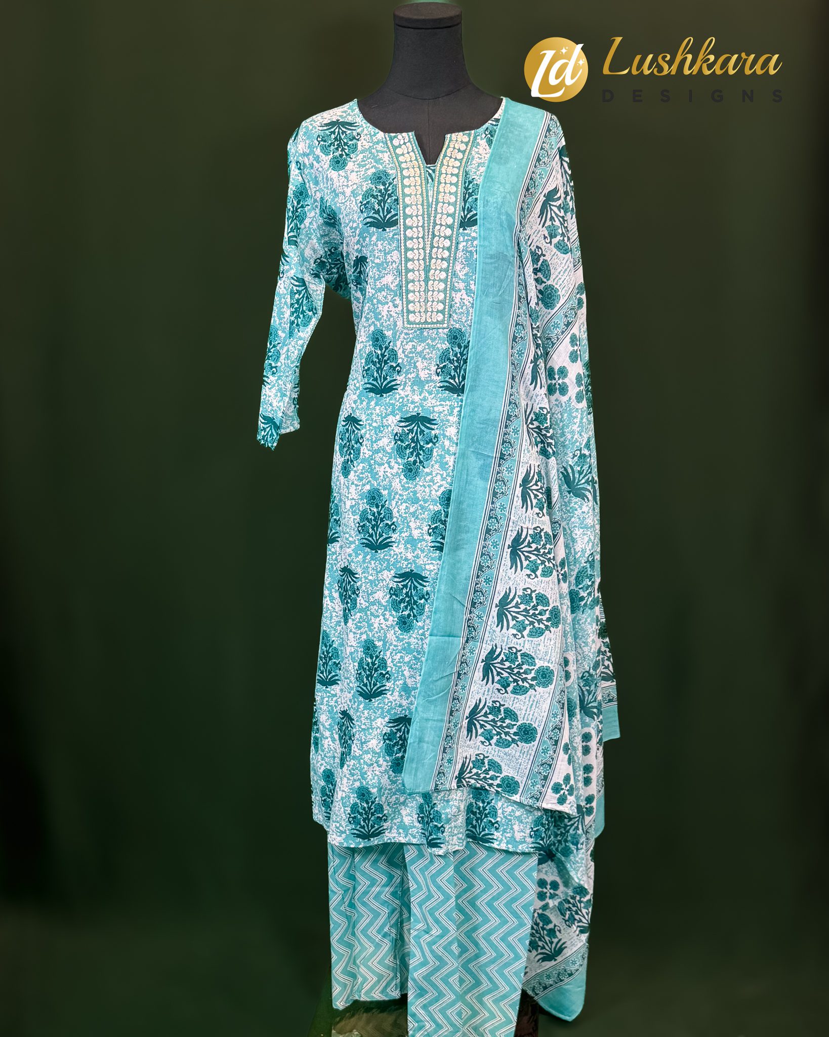 Lushkara Teal Garden Block Print Salwarkameez