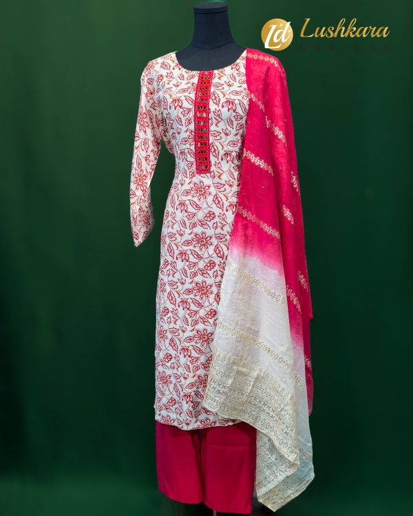 Lushkara Red & White Floral Printed Salwar Kameez Set with Bandhej Dupatta