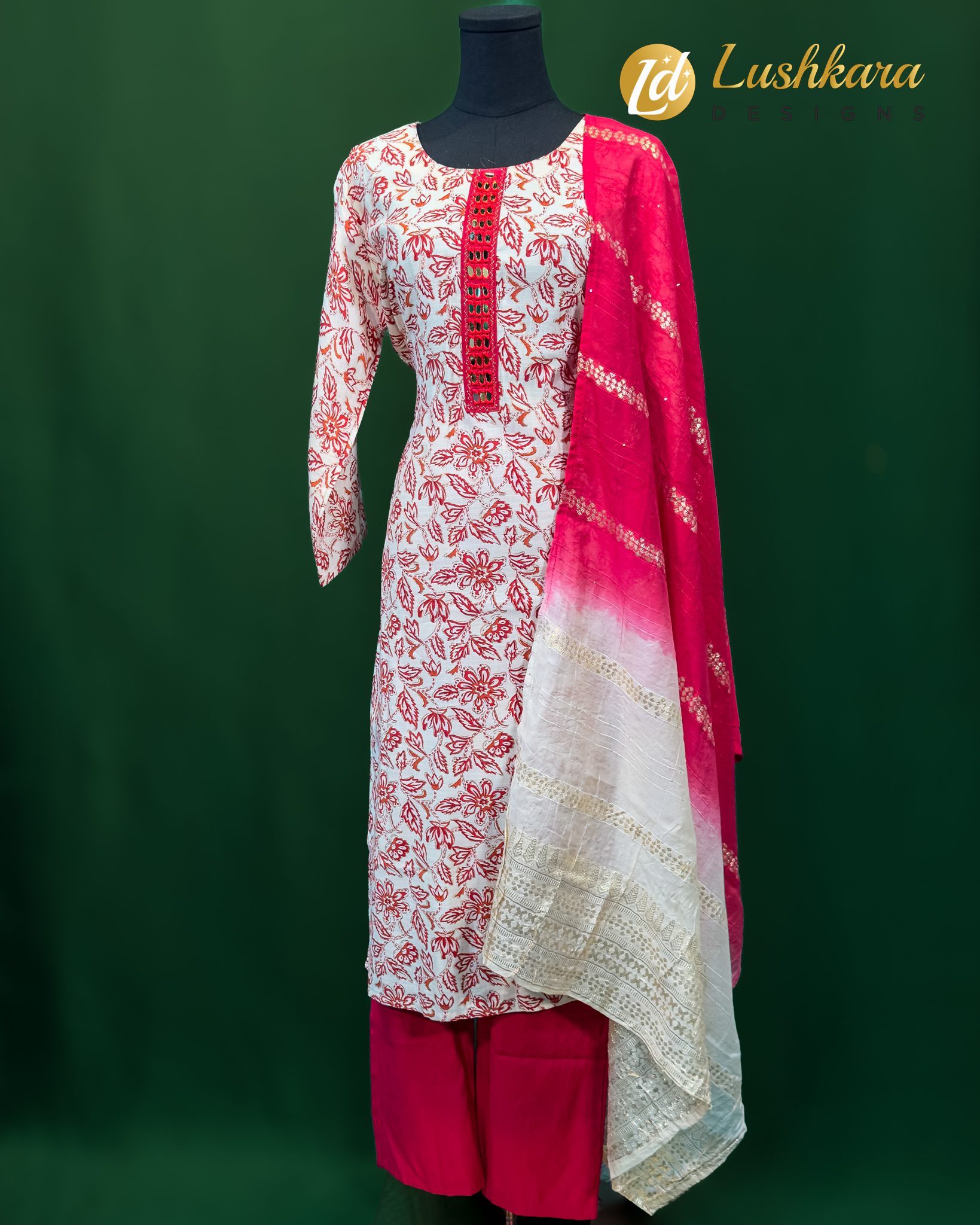 Lushkara Red & White Floral Printed Salwar Kameez Set with Bandhej Dupatta