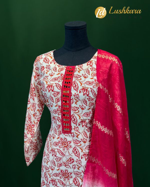 Lushkara Red & White Floral Printed Salwar Kameez Set with Bandhej Dupatta - Image 2