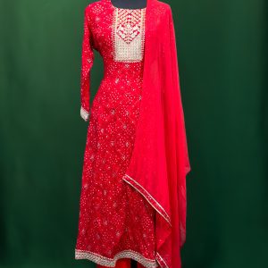 Lushkara Elegant Red Georgette Salwar Kameez Set with Mirror Embellishment