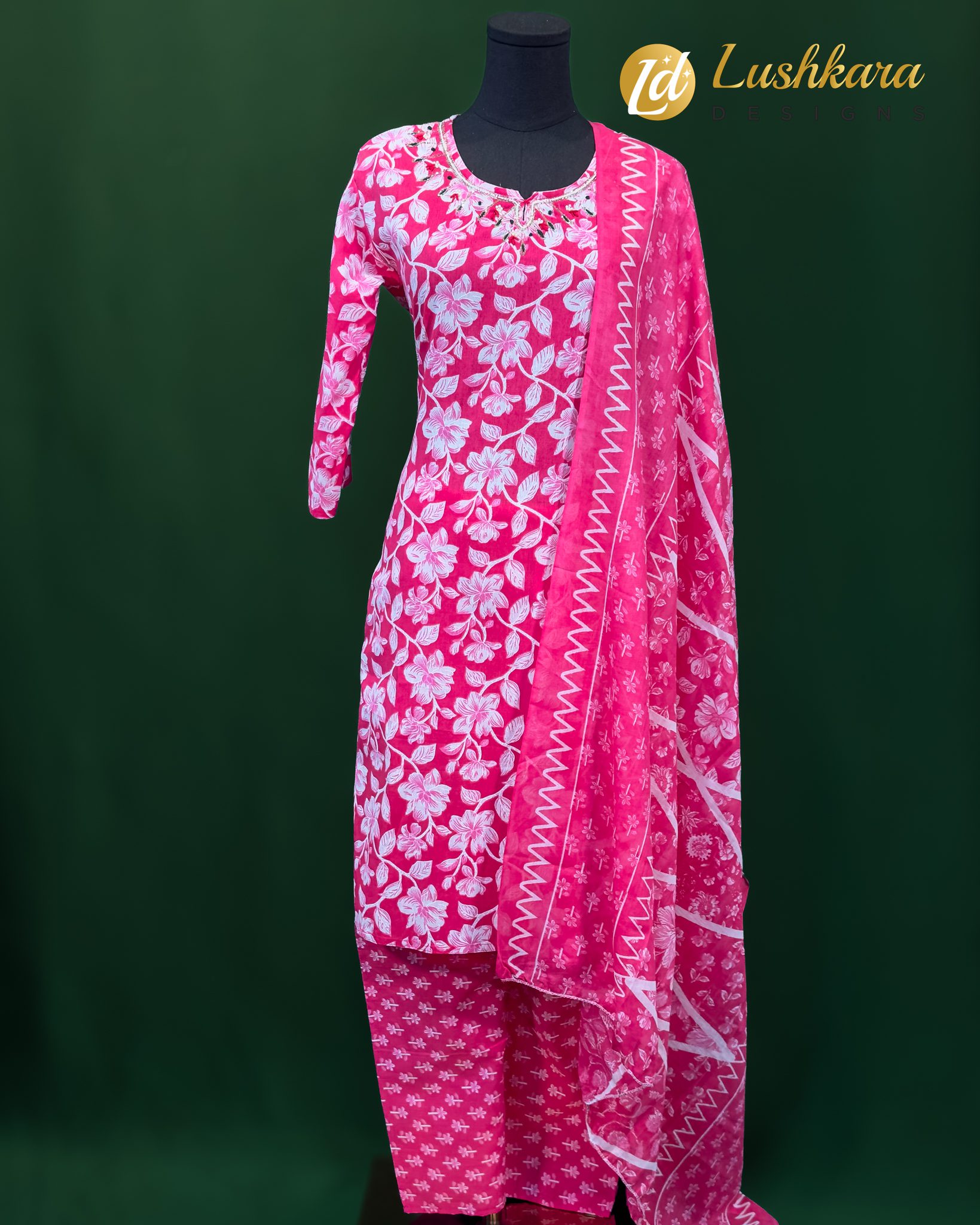 Lushkara Baby Pink Floral Cotton Salwar Kameez Set
