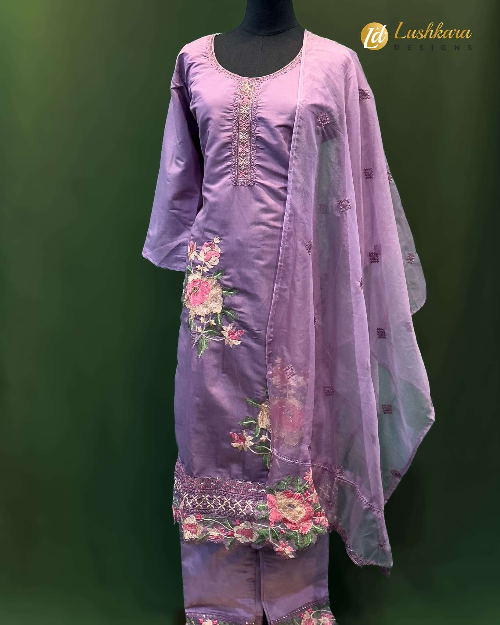 Lushkara Lavender Floral Embroidered Suit