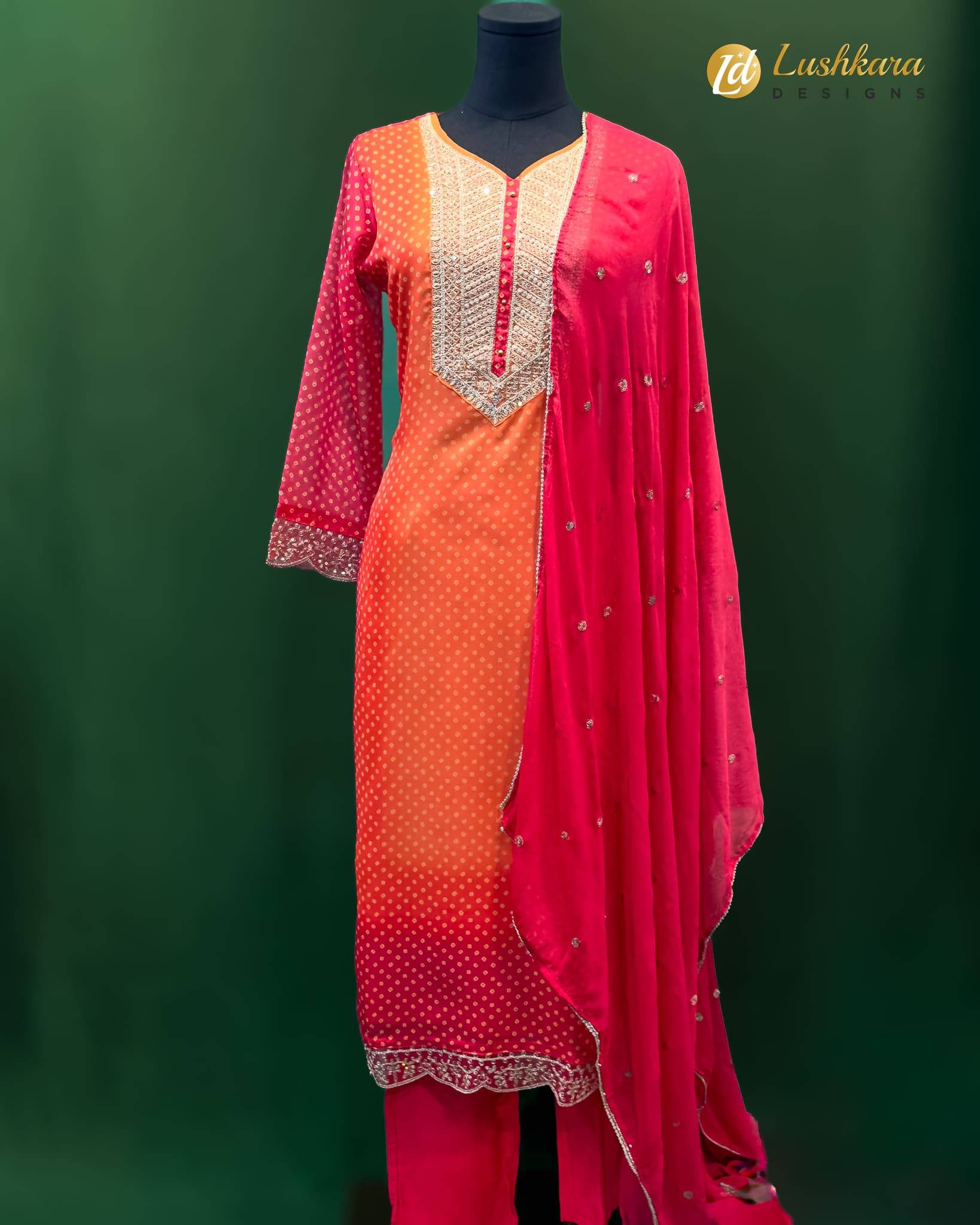 Ombre Orange Pink Embroidered Suit with Dupatta – Lushkara Designs