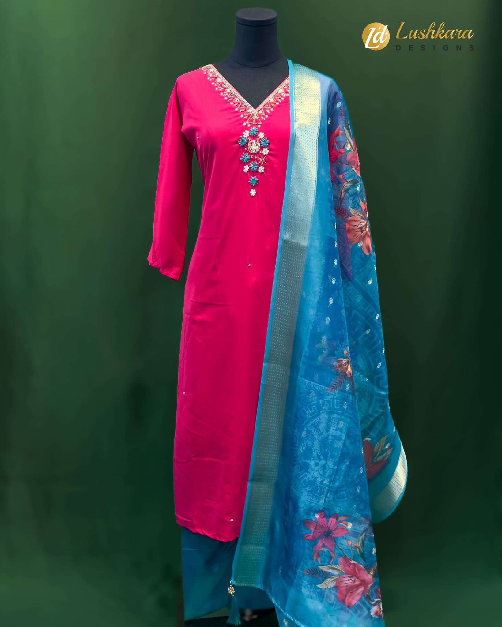 Lushkara Magenta Salwar Kameez with Embellished Neck Work