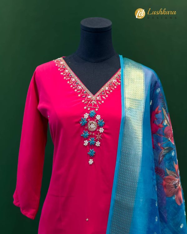 Lushkara Magenta Salwar Kameez with Embellished Neck Work