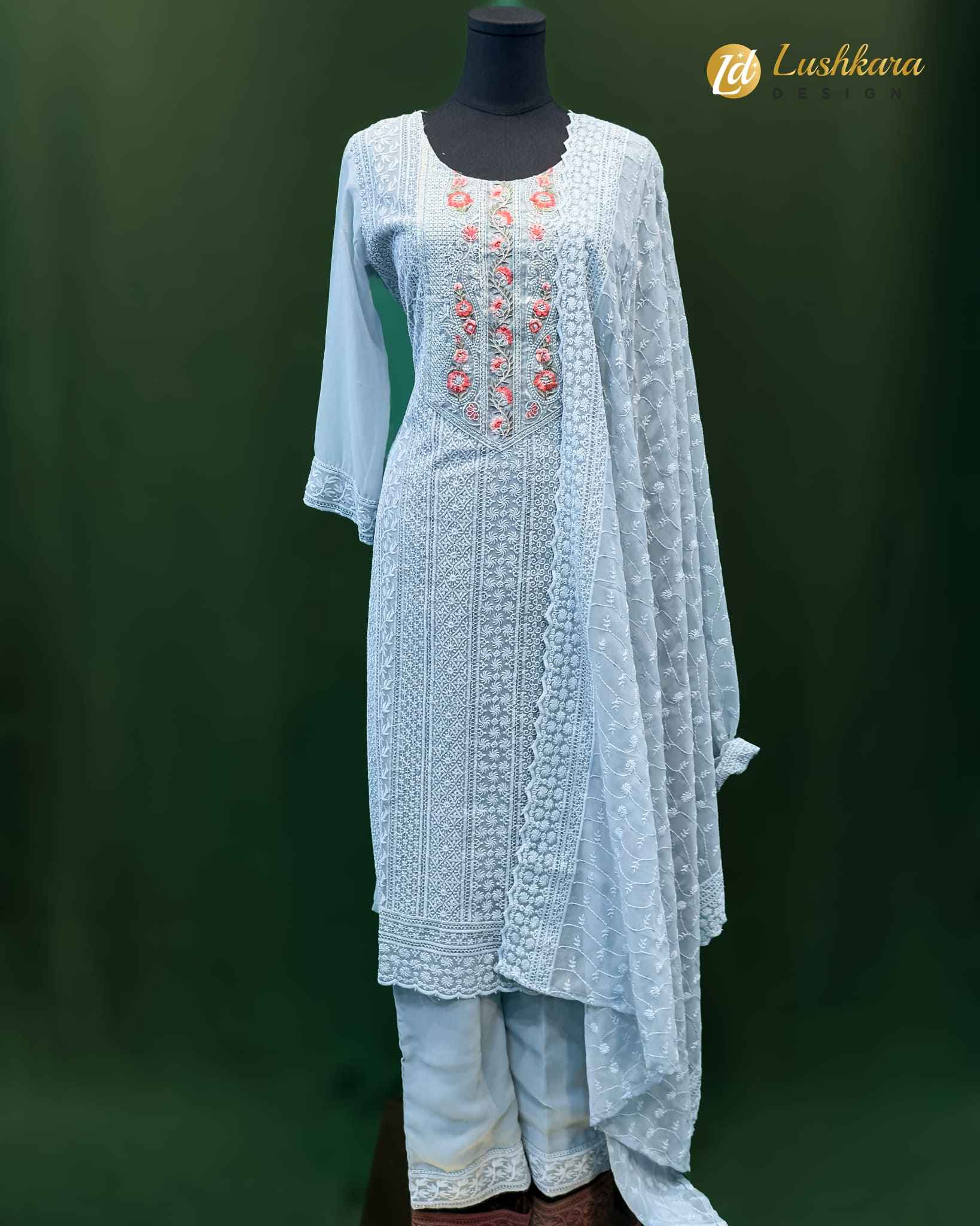 Lushkara Sky Blue Chikankari Suit