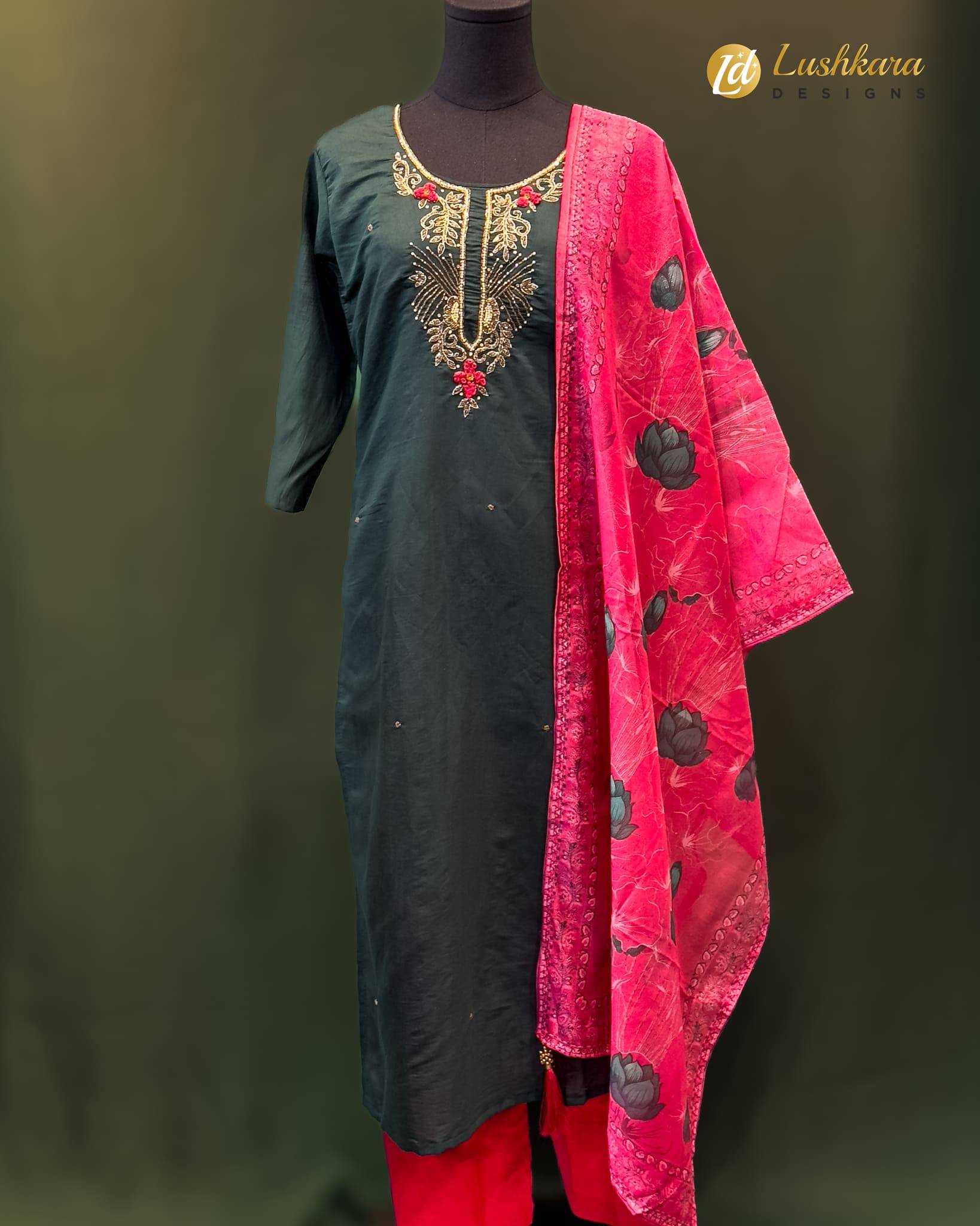 Lushkara Green Red Embroidered Suit