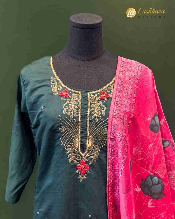 Lushkara Green Red Embroidered Suit - Image 2