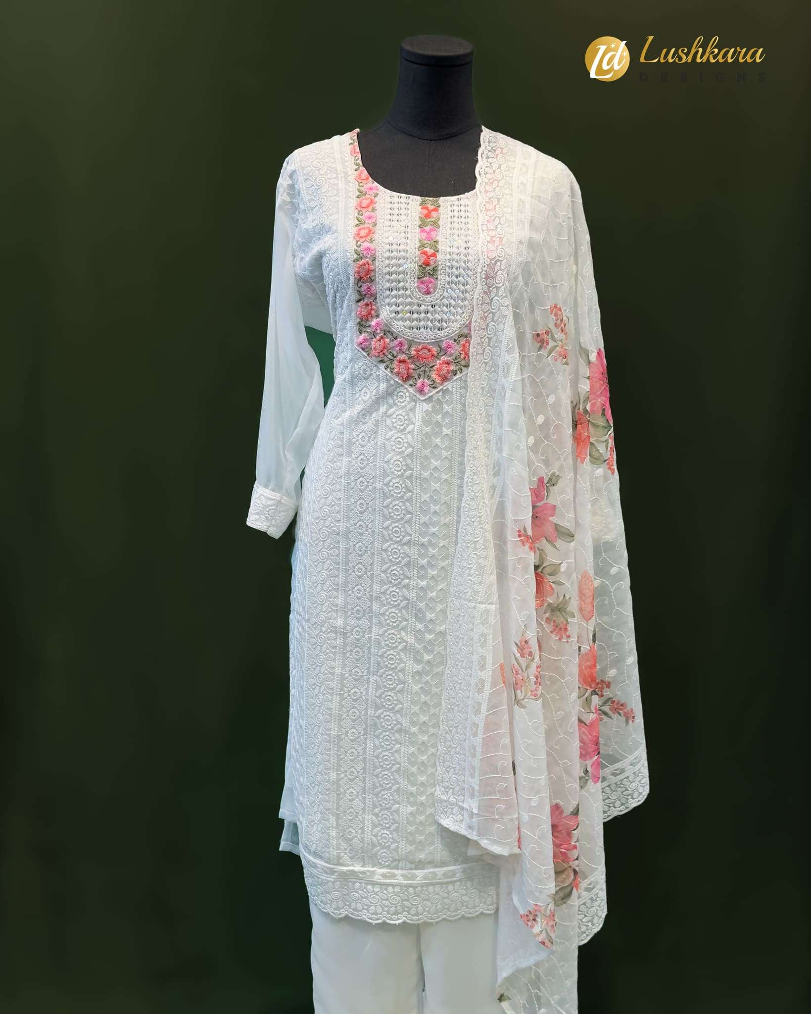Lushkara White Chikankari Floral Suit