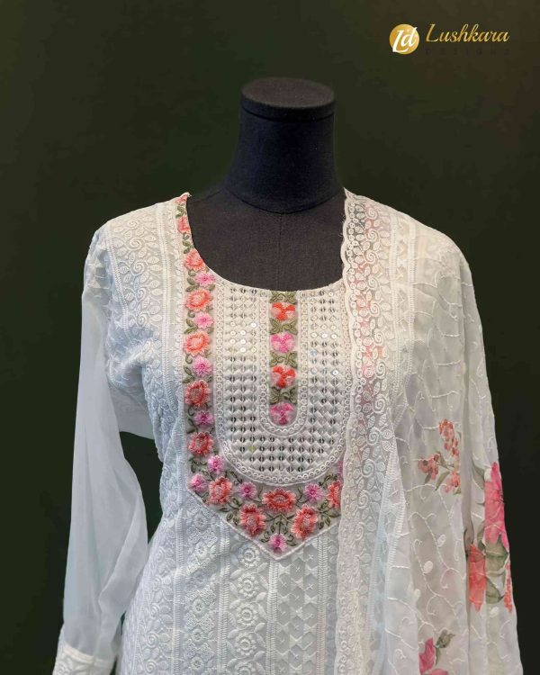 Lushkara White Chikankari Floral Suit - Image 2