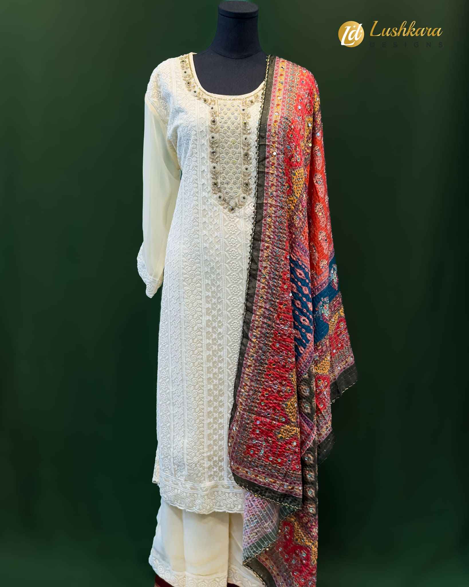 Lushkara Ivory Chikankari Mirror Suit