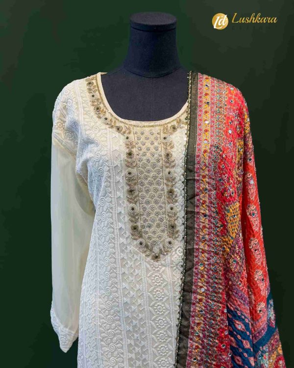 Lushkara Ivory Chikankari Mirror Suit - Image 2