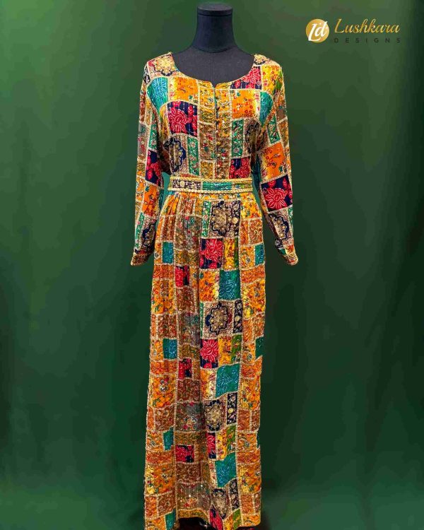Lushkara Multicolor Boho Print Long Maxi Dress with Belt