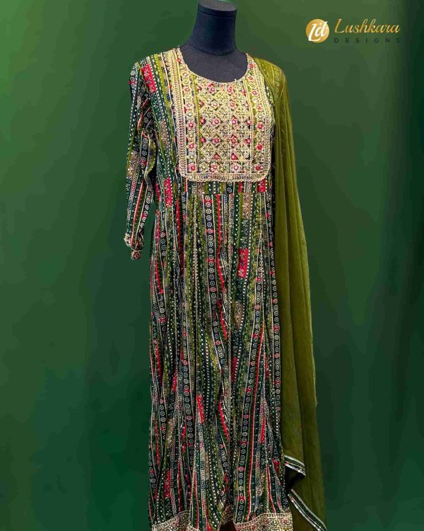 Multicolor Printed Green Salwar Kameez with Embroidered Yoke – Lushkara Designs
