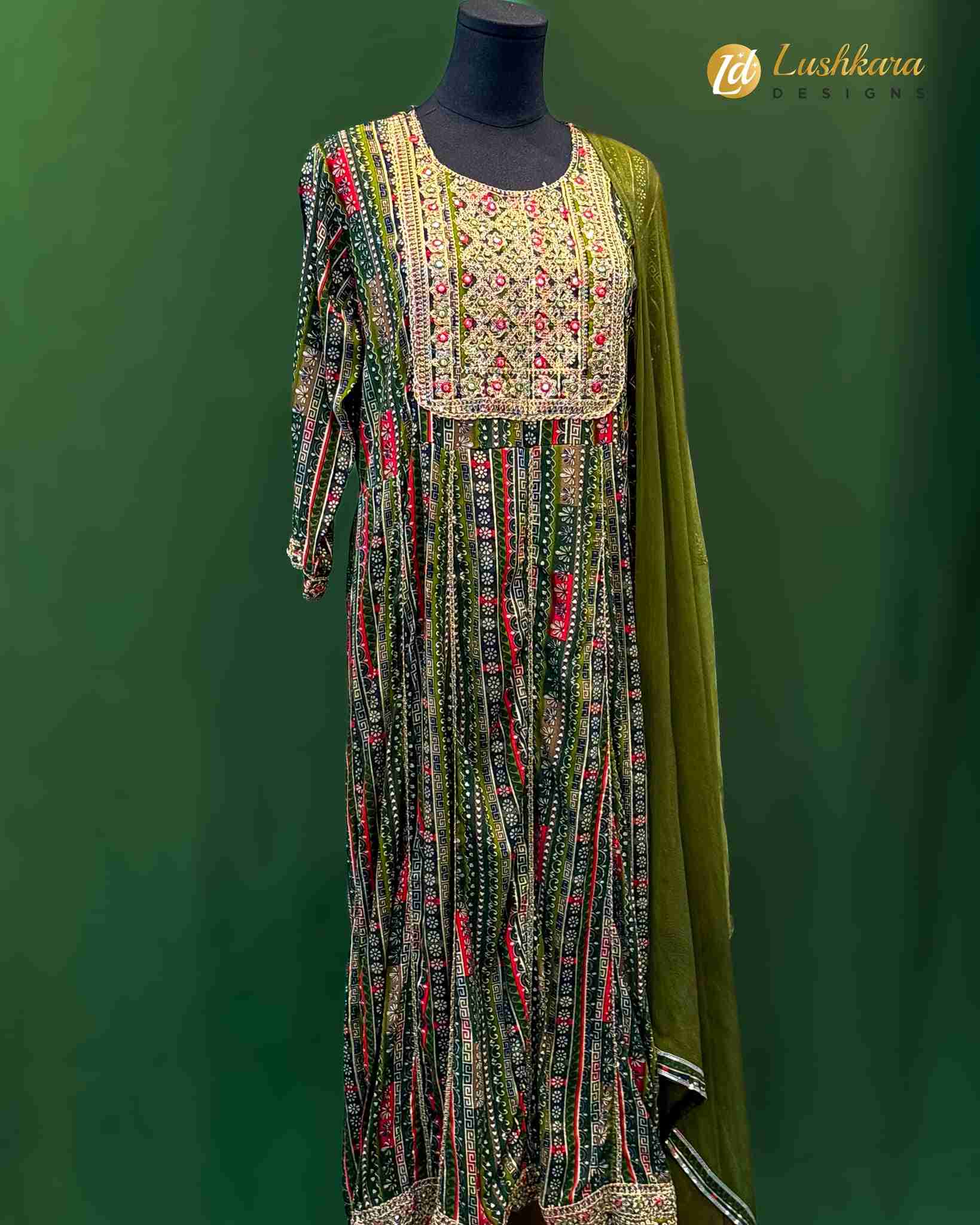 Multicolor Printed Green Salwar Kameez with Embroidered Yoke – Lushkara Designs