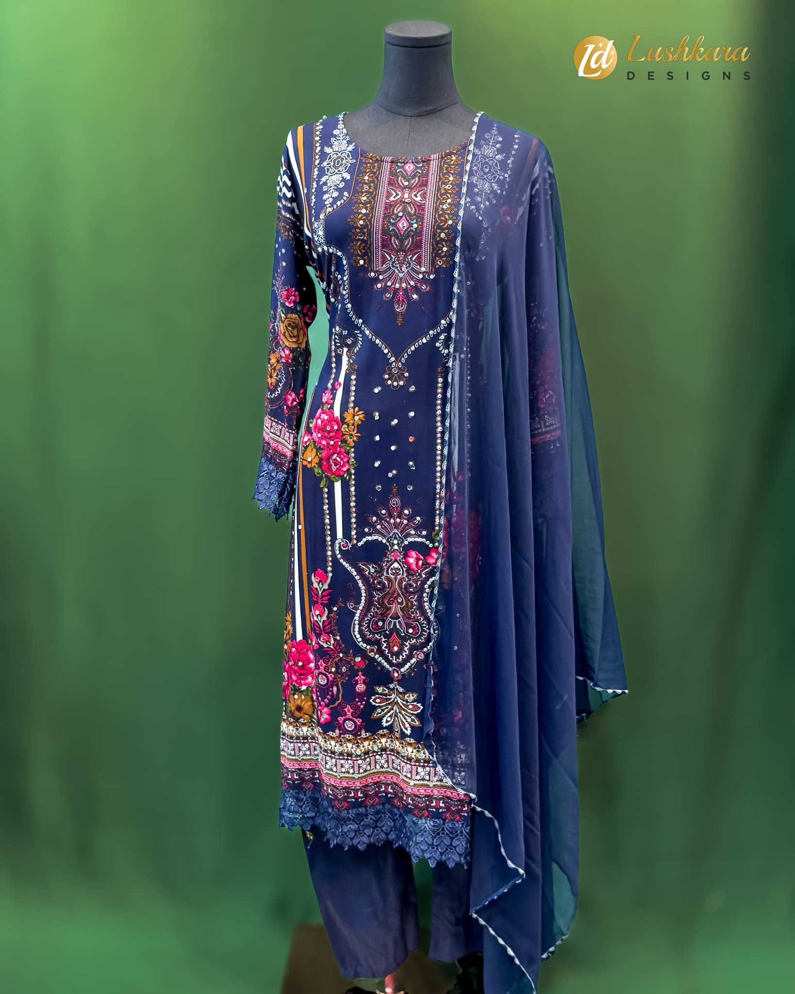 Navy Blue Printed Salwar Kameez with Embroidered Border – Lushkara Designs