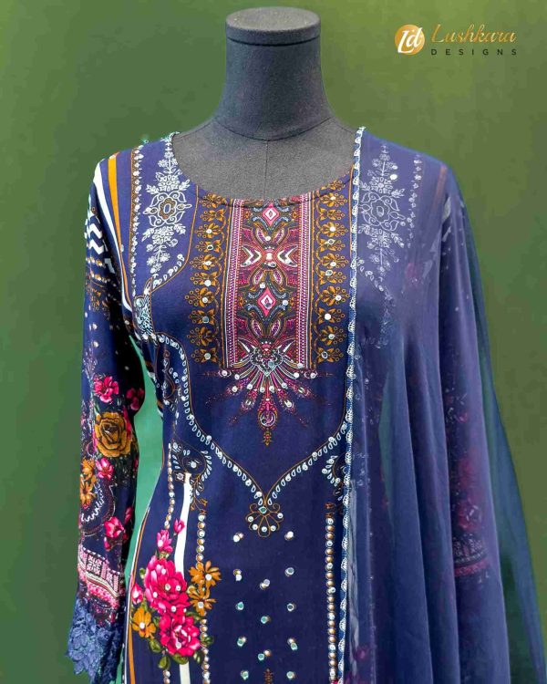 Navy Blue Printed Salwar Kameez with Embroidered Border – Lushkara Designs