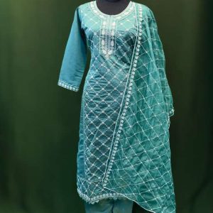 Lushkara Teal Embroidered Salwar Kameez Set with Mirror Work – Elegant Cotton Party Wear Suit