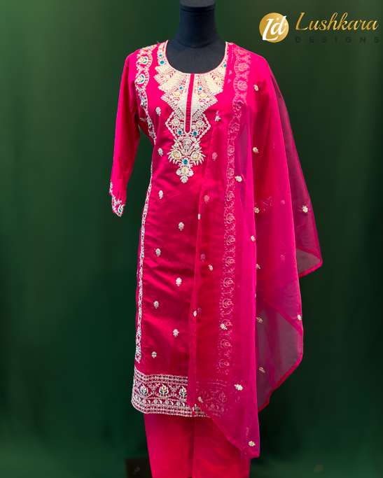 Hot Pink Embroidered Salwar Kameez Set with Mirror and Thread Work – Lushkara Designs