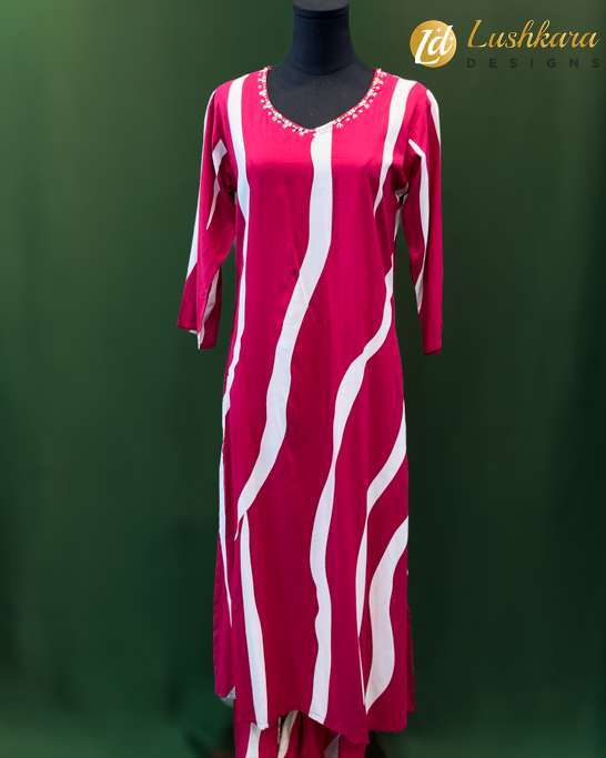 Magenta & White Striped Salwar Kameez with Beaded Neck – Lushkara Designs