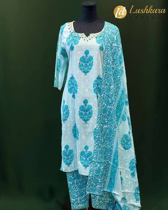 Aqua Blue Cotton Salwar Kameez Floral Print with Dupatta – Lushkara Designs