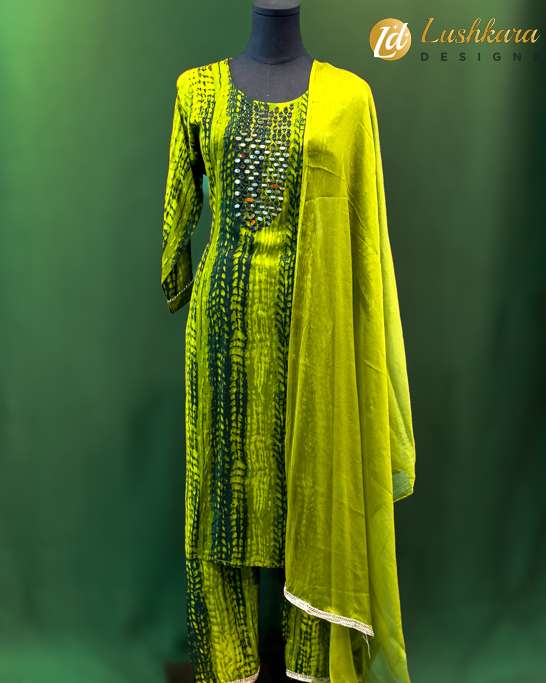 Green Bandhani Print Salwar Kameez with Mirror Work – Lushkara Designs