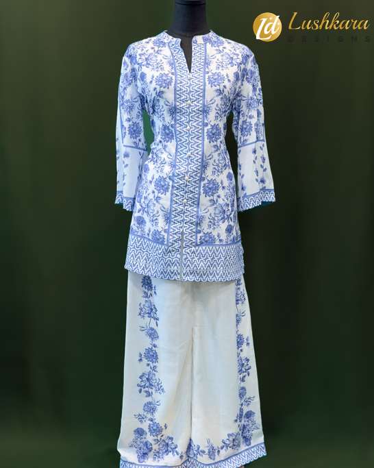 Blue Floral Print White Co-ord Set – Lushkara Designs