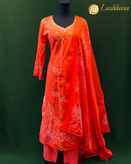 Bright Orange Floral Printed Salwar Kameez with Dupatta – Lushkara Designs