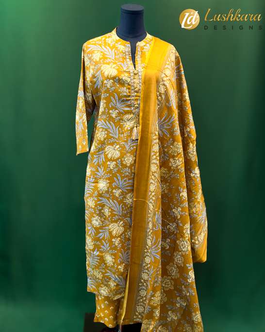 Mustard Yellow Floral Print Salwar Kameez with Tassel Neck – Lushkara Designs